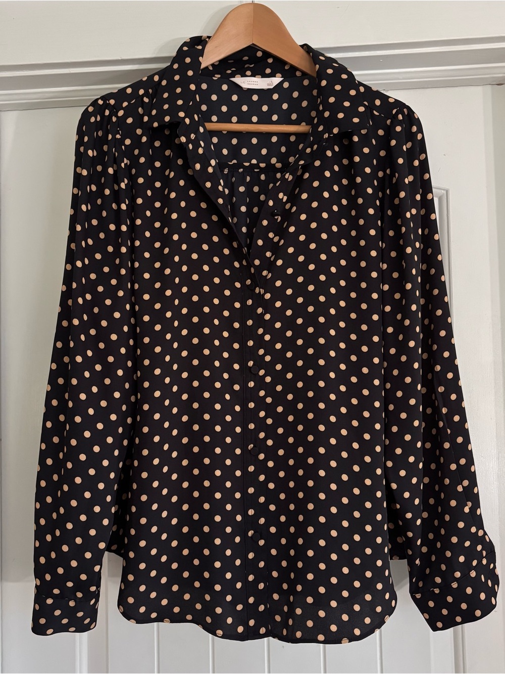 LC Lauren Conrad Black Blouse with Beige Polka Dots
